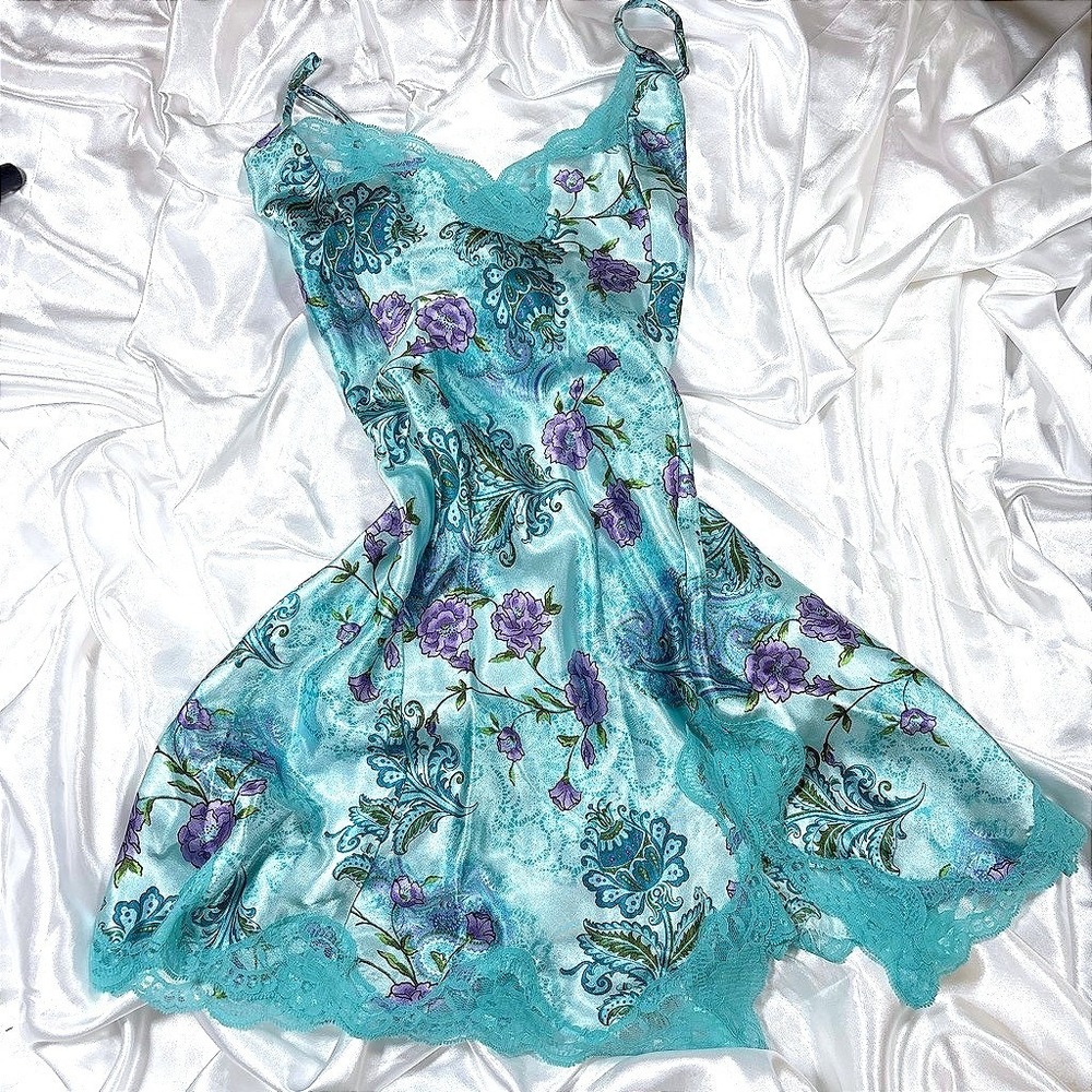 y2k floral Delicates Slip Dress Teal Lace Trim Paisley Print Medium